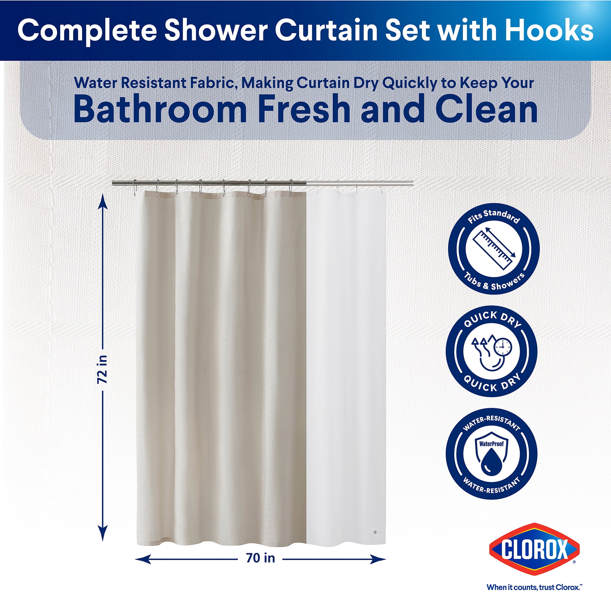 Clorox 100% Polyester Shower Curtain Set with Waterproof PEVA Liner and 12 Metal Hooks (Tan)
