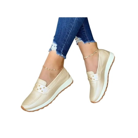 

Wazshop Women s Casual Shoes Non-Slip Sneakers Slip On Flats Breathable Comfort Walking Shoe Women Lightweight Gold 8.5