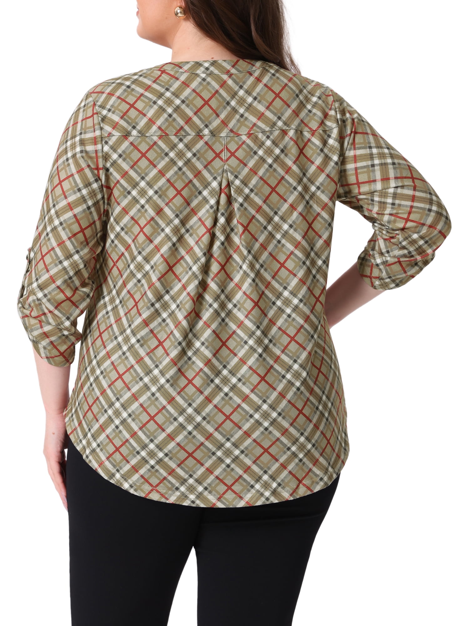 DARING DIVA Women's Plus Long Sleeve V Neck Casual Plaid Blouse 4X Khaki