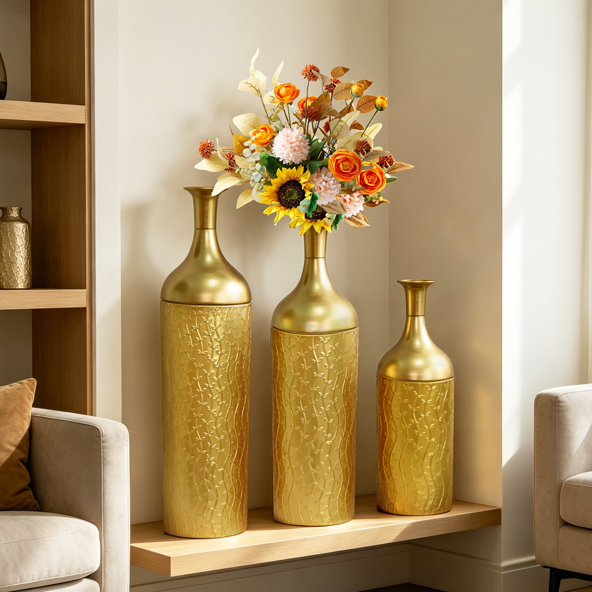Leumius Decorative Metal Vases Set of 3, Gold Leaf Pattern Floor Vases, Gold Tall Vases for Home Decor, Living Room Entryway Decor