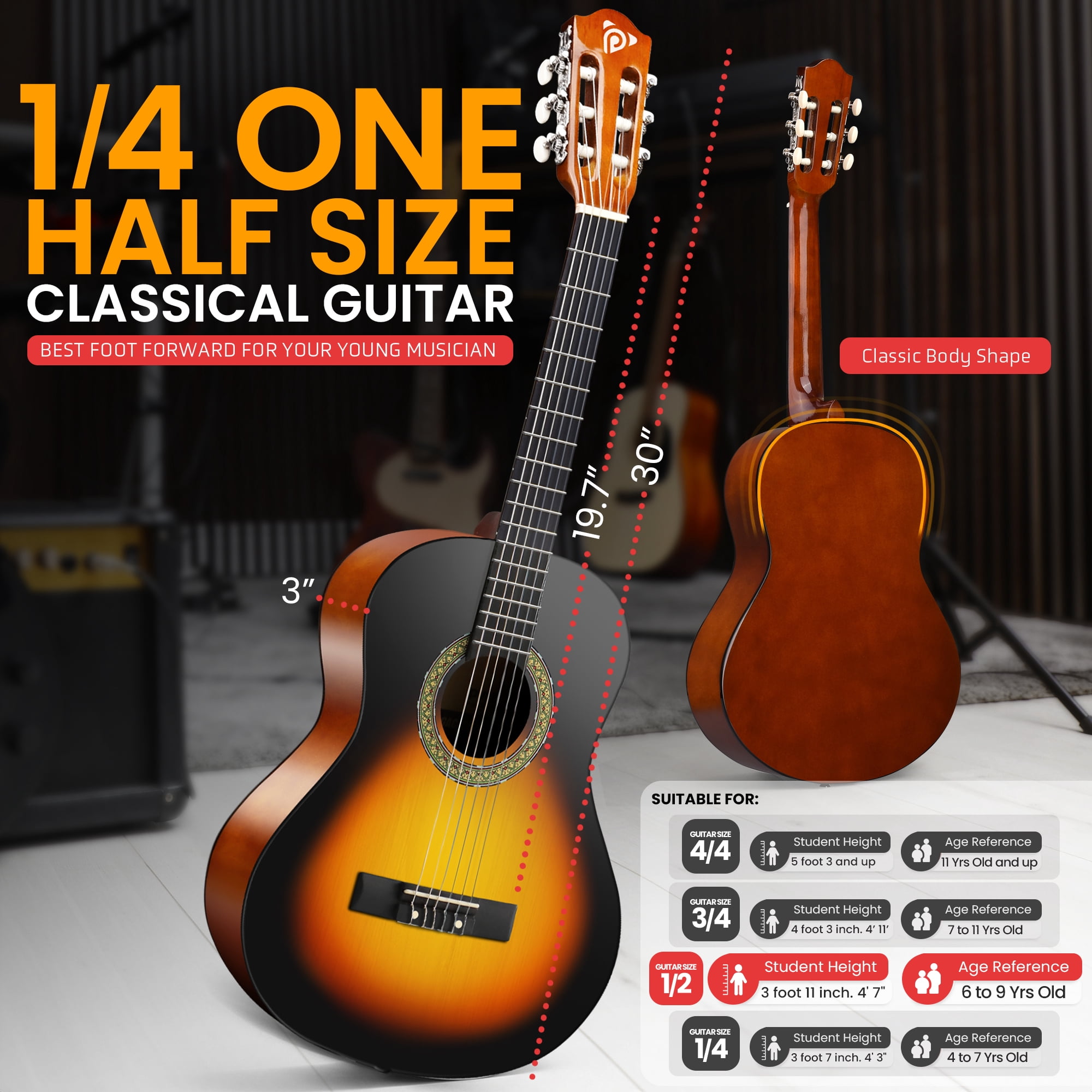 Pyle Beginner Acoustic Guitar Kit, 1/4 Junior Size All Wood Instrument for Kids, Adults, 30" Sunburst Teardrop Matte