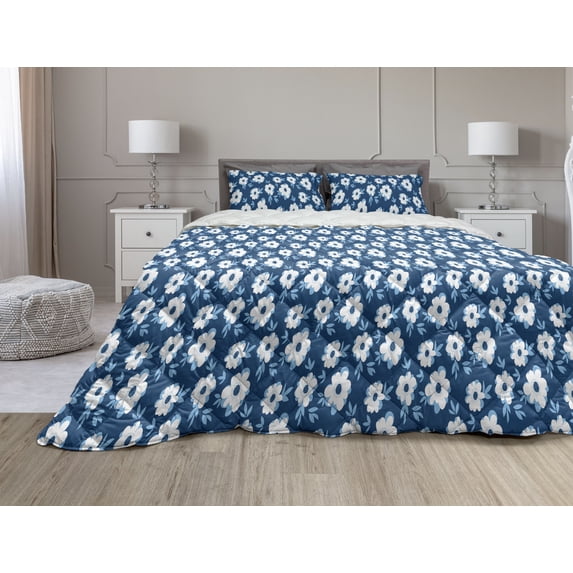 Flower Comforter & Sham Bedding Set, Daisy Blossom Botany Spring Bouquets Summer Flourishing Petals Print, 3 pcs Duvet Set Microfiber Filling Quilt, 5 Sizes, Azure Blue and Night Blue, by Ambesonne