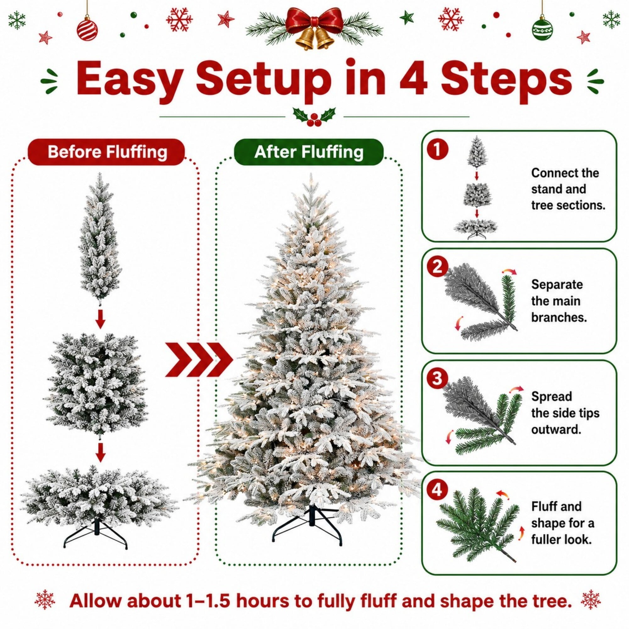 DEALTOPS 7.5ft Pre-Lit Flocked Artificial Christmas Tree, 650 Warm White Lights, 3135 Tips, Foldable Metal Stand