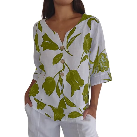 Pxiakgy Summer Linen Shirts for Women Henley Button Down V Neck 3/4 Sleeve T-Shirt Blouse Casual Loose Basic Printed Tunic Tops 2025 Cotton Linen Tops Summer Loose Fit Blouse V Neck Tops Green L