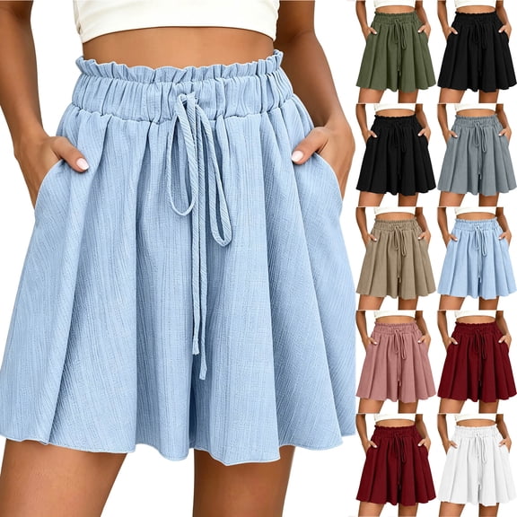 Bloomae Women's Flowy Summer Shorts Drawstring Elastic Ruffled Trim High Waisted Casual Dressy Shorts Summer Beach Vacation Short Pants with Pockets