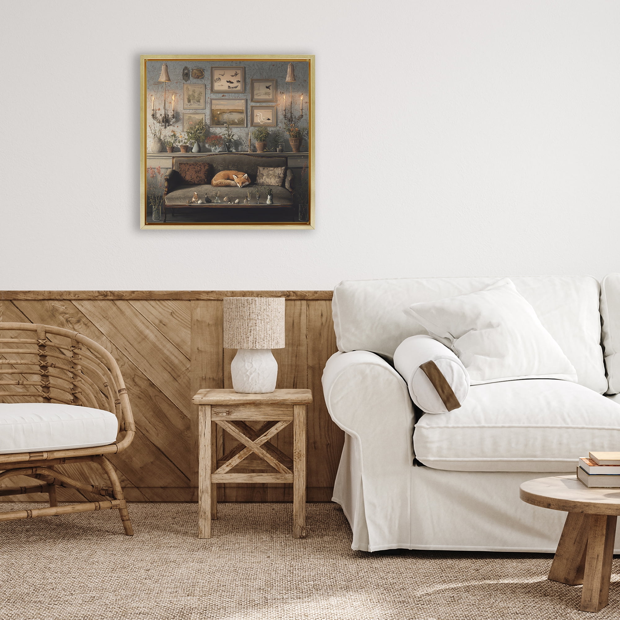 Stupell Industries Fox on Antique Sofa Gold Framed Floater Canvas Wall Art, design by The Wands Want