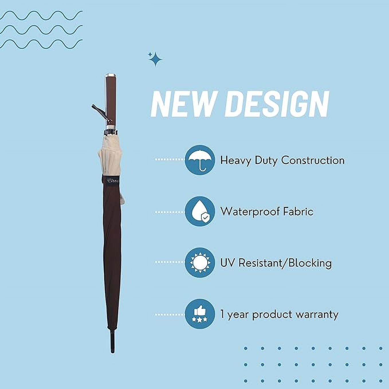 Cheery Stick Umbrella for Rain - Classic Cane Outdoor Umbrella - Automatic, Sun, and Windproof Camping Equipment - 14-Spine Heavy-Duty Walking, Hiking Gear (Brown)