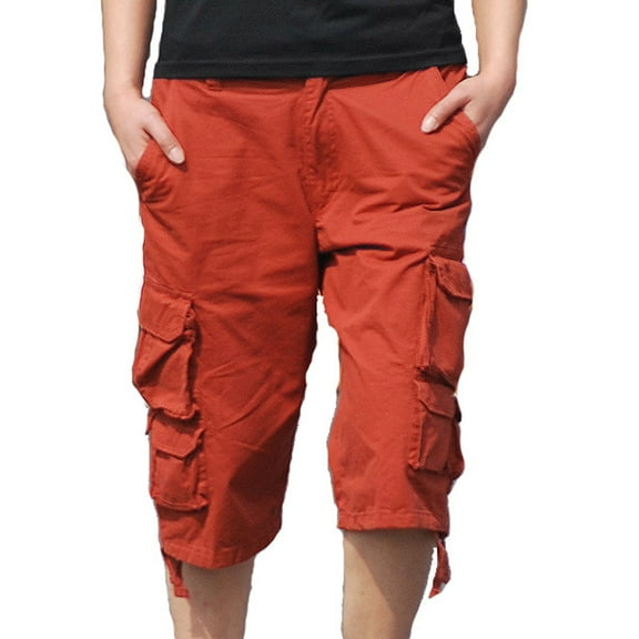 BVnarty Mens Cargo Shorts Rigid Waist Button Solid Color Below Knee Length Dresses with Pockets Red 36