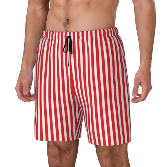 Rateoe Red And White Stripes Pattern Men’s Swim Shorts with Compression Liner – Double-Layered Quick-Dry Swimwear, Comfortable & Stretchy Beach Shorts-Small