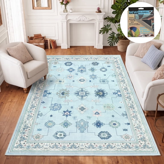 Fnova Boho Blue 8x10 Area Rugs for Living Room, Soft Washable Bedroom Rugs 8x10 for Nursery, Farmhouse Vintage Large Ultra Thin Indoor Throw Carpet for Dorm Kids Dining Room