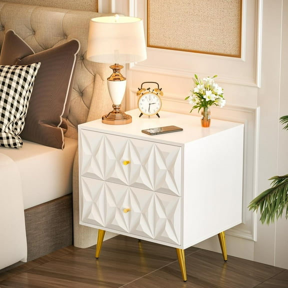 White and Gold Nightstand, Modern Storage Bedside Table with 2 Drawers, Embossed End Table with Gold Metal Legs & Handles, Bed Side Tables Night Stands for Bedroom, Living Room, White