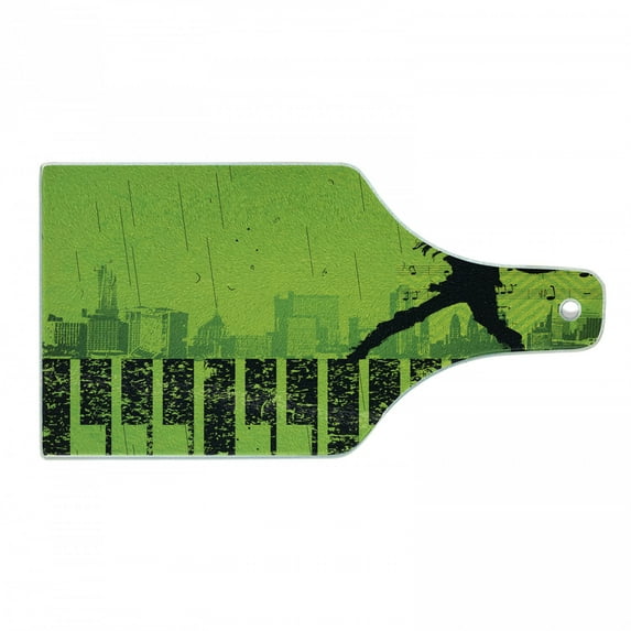 Popstar Party Cutting Board, Music in the City Theme Singer with Electric Guitar on Grunge Backdrop, Tempered Glass Cutting and Serving Board, Wine Bottle Shape, Lime Green Black, by Ambesonne