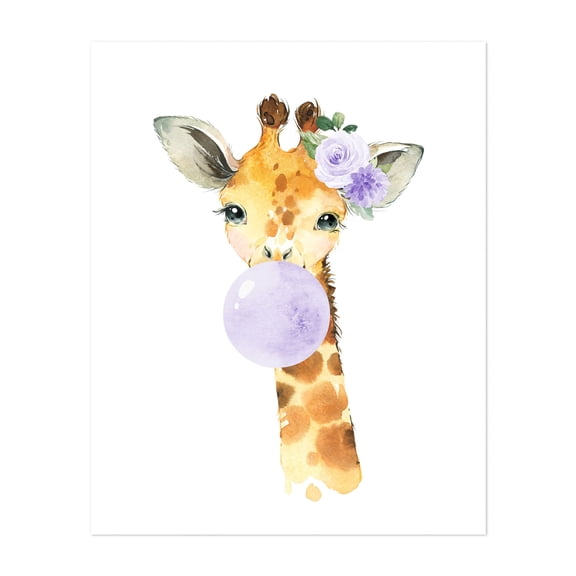Giraffe, Jungle Animals, Safari Animals, Bubble Gum, Purple Flowers, Gender Neutral Nursery - Illustration Watercolor Whimsical Animal Floral Humor Unframed Wall Art Print 6 x 8 inches
