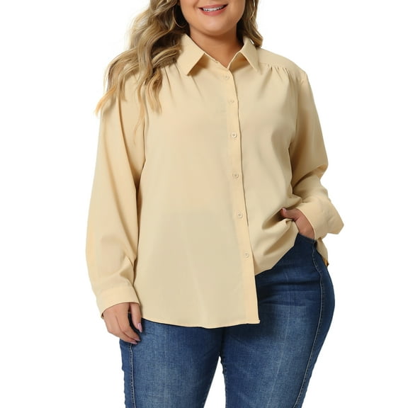 Agnes Orinda Women' s Plus Size Chiffon Shirt Long Sleeve Tops Button Down Collared Blouses 1X Apricot