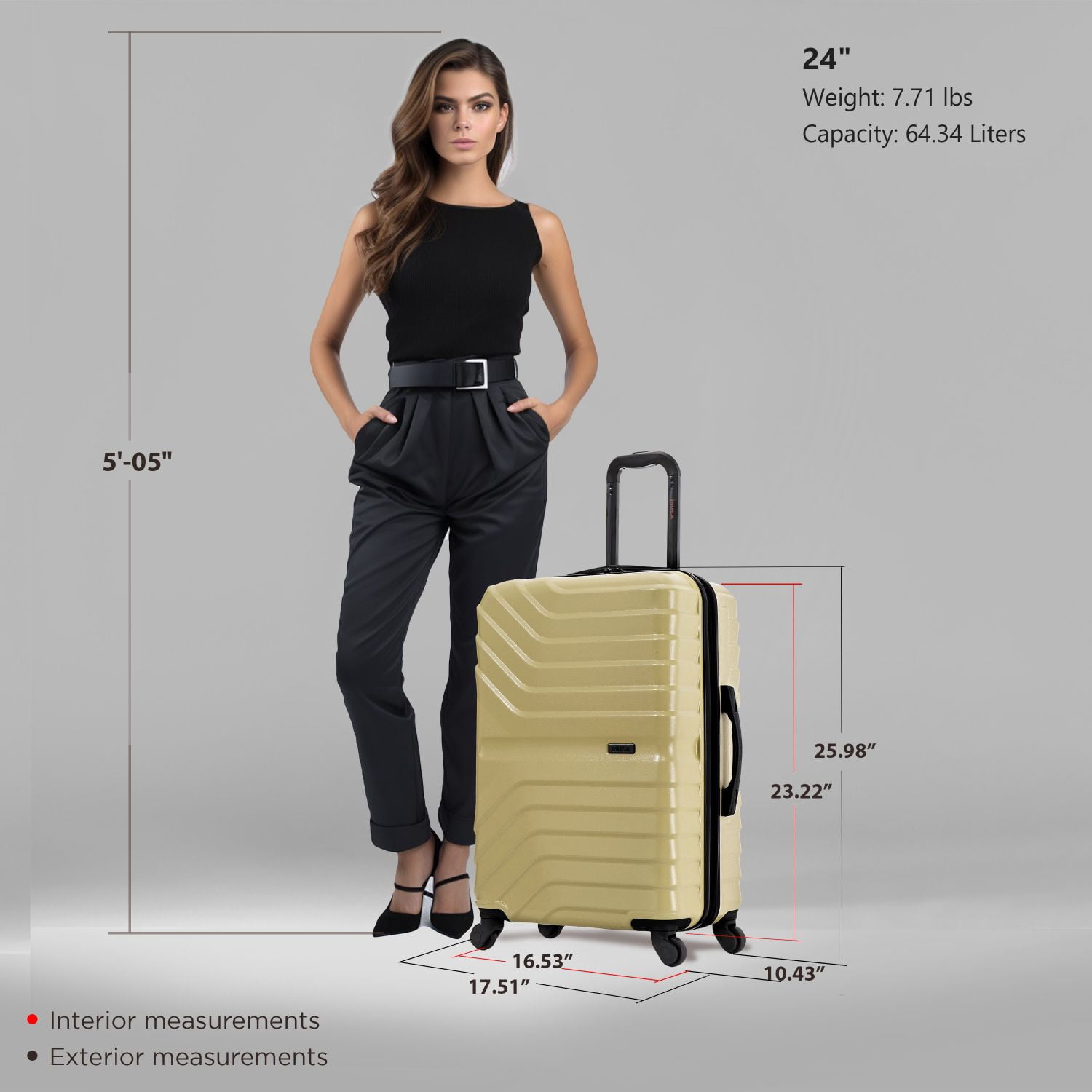 InUSA AURUM 24" Hardside Lightweight Checked Luggage with Spinner Wheels, Handle and Trolley, Champagne
