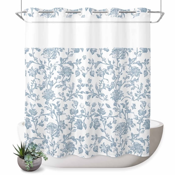 No Hook Shower Curtain, Light Blue Flower Shower Curtains for Bathroom with See Through Top Window, Vintage Farmhouse Boho Leaf Spring Waterproof & Washable Bath Curtain 66"x72"