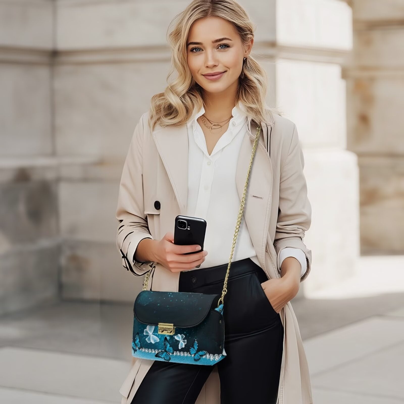 Pzuqiu Blue Butterfly Leather Crossbody Bag Versatile Minimalist Small Leather Crossbody Bags for Women Metal Chain Strap Vintage Casual for Teen Girls-Women