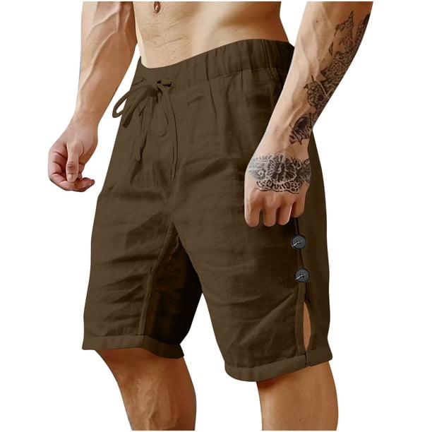 Pantalones Cortos de Cintura Elástica de los Hombres Color Sólido Cuerda Hueca Botón de Longitud Media Pantalones Cortos de los Hombres Casual
