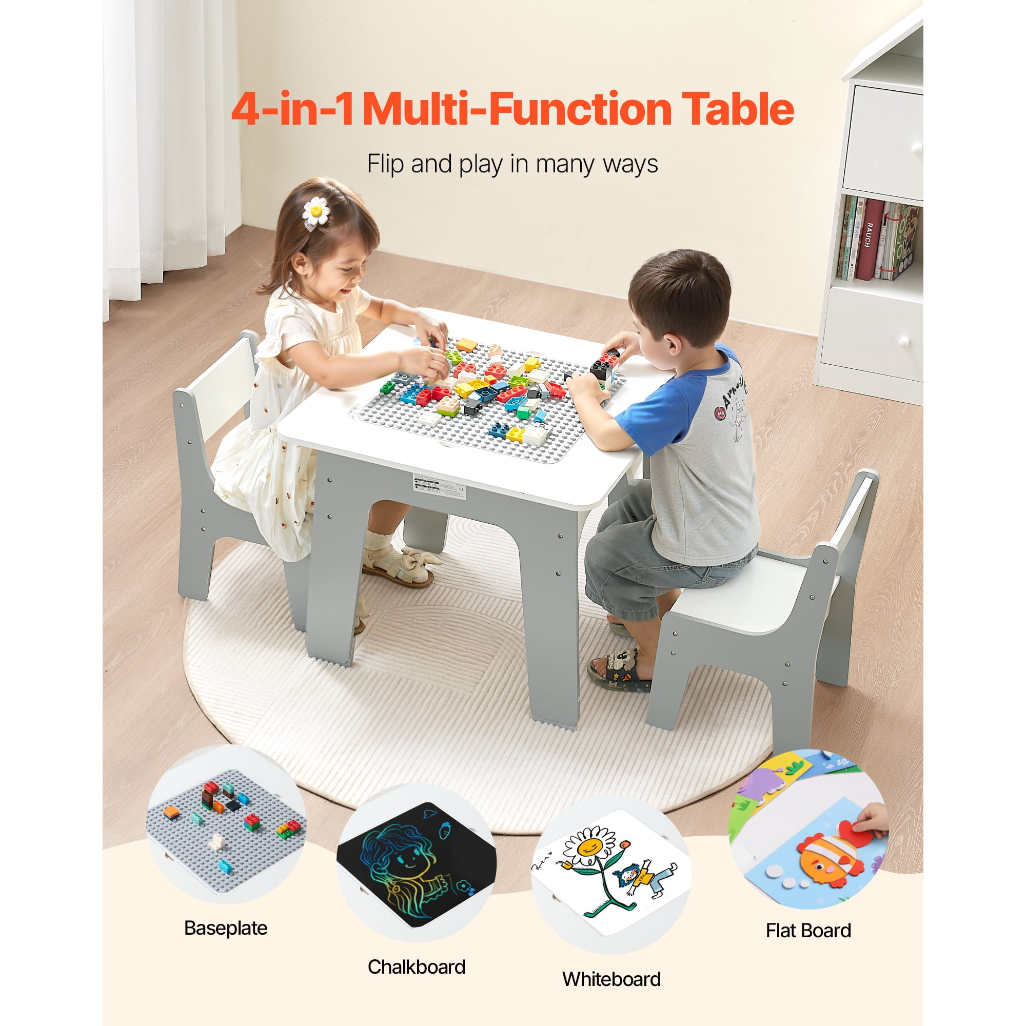 KFFKFF 4-in-1 Kids Activity Table and Chair Set, Double-Sided Tabletop for Drawing and Building Blocks, Play Table with Storage for Children Aged 3+, Spacious Design, Ideal Gift for Boys and Girls