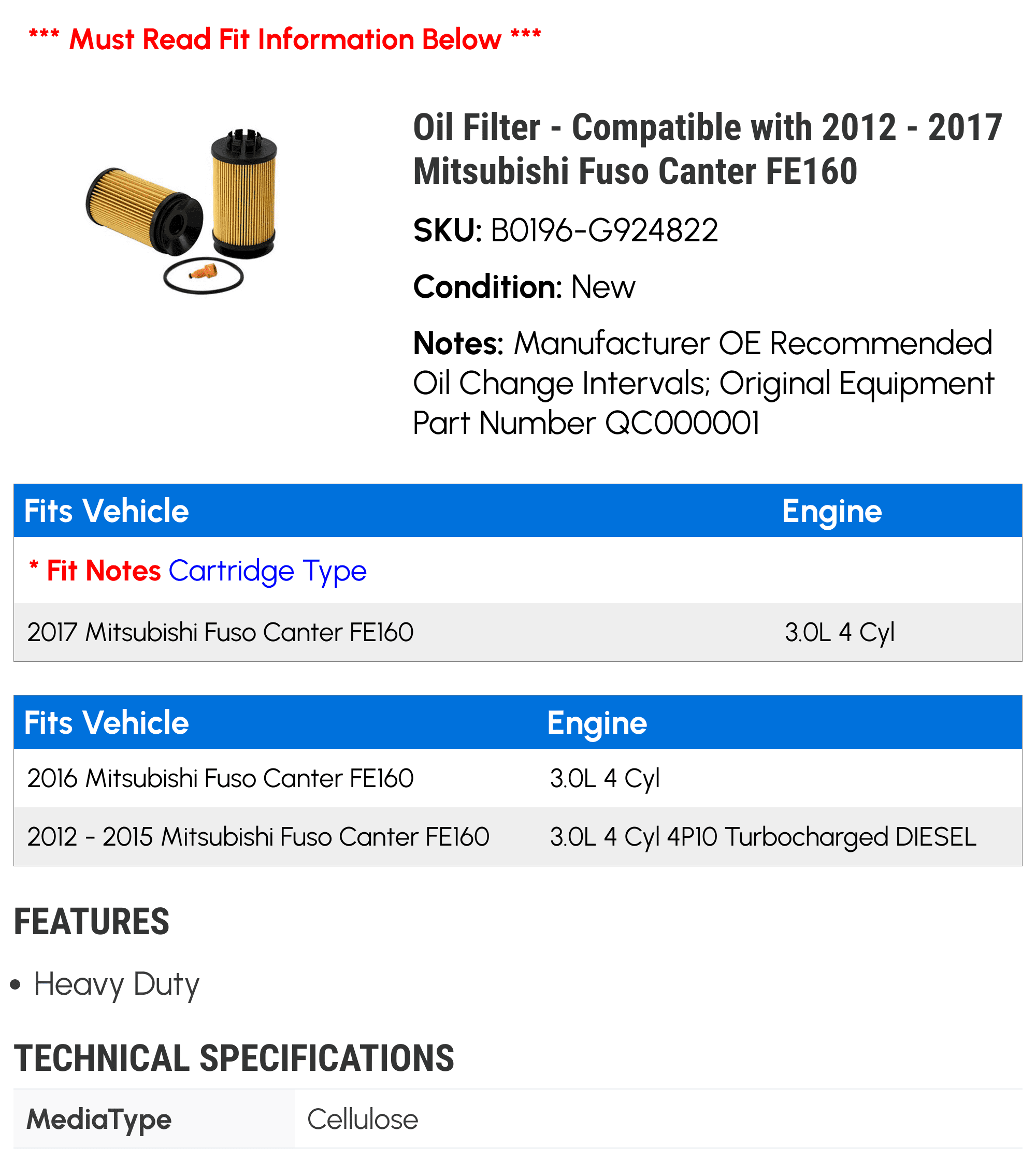 Oil Filter - Compatible with 2012 - 2017 Mitsubishi Fuso
