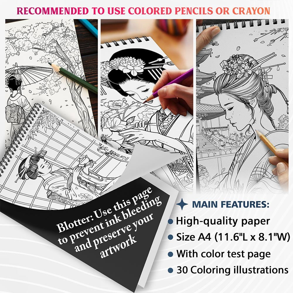 NETHOUSE Geisha Coloring Book For Adults Relaxation & Stress Relief, 30 Coloring Pages Featuring Elegant Geisha Portraits, Traditional Kimonos, Japanese Gardens, and Graceful Cultural Scenes