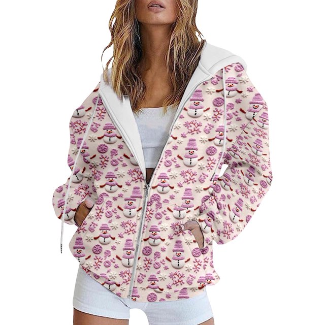 WILLBEST Sudadera de Mujer con Capucha Estampada Navideña y Cremallera, Estilo Casual y Holgado, Talla 478 Mediana