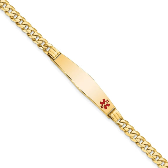 14K Yellow Gold Medical Soft Diamond Shape Red Enamel Curb Link Id Bracelet (7 X 9) Made In United States xm568fc-7