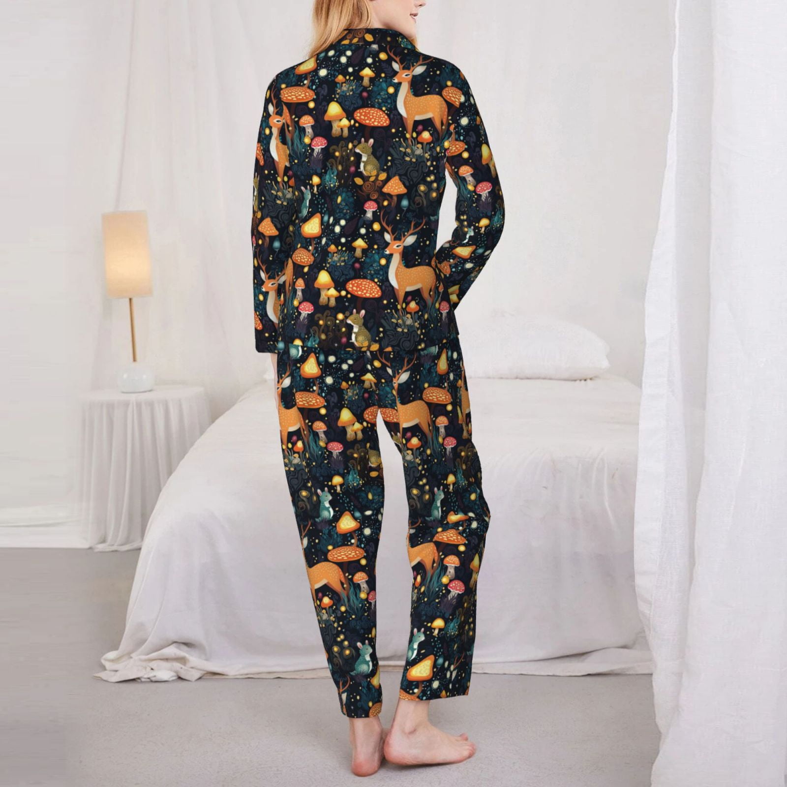 Rateoe Forest Elf Pattern Womens Pajamas Set Long Sleeve Sleepwear Button Down Nightwear Soft Cotton Pj Lounge Sets