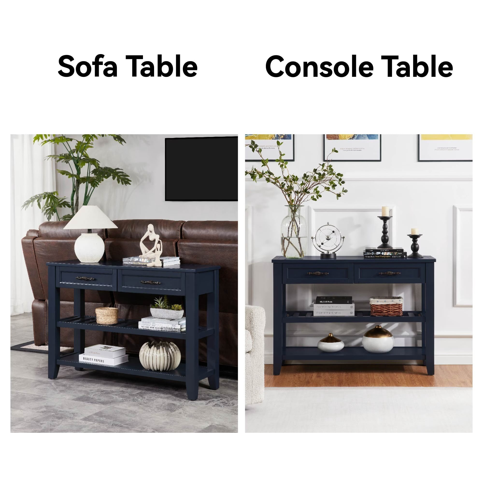 Retro Console Table with 2 Drawers & Open Shelves, Solid Pine Wood Entryway Table, Modern Accent Sofa Table for Living Room, Hallway, Bedroom, Navy Blue
