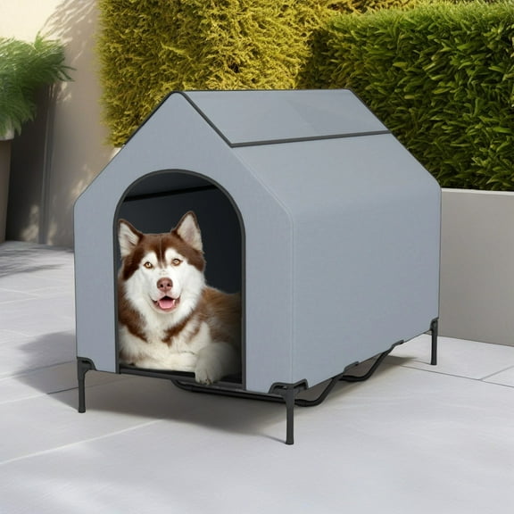 Demi Bonn 52" Dog House for Large Dogs, Outside Elevated Dog Bed, Weatherproof Dog Kennel for Indoor and Outdoor, Portable Dog Shelter Cot with Ventilated Windows, Gray