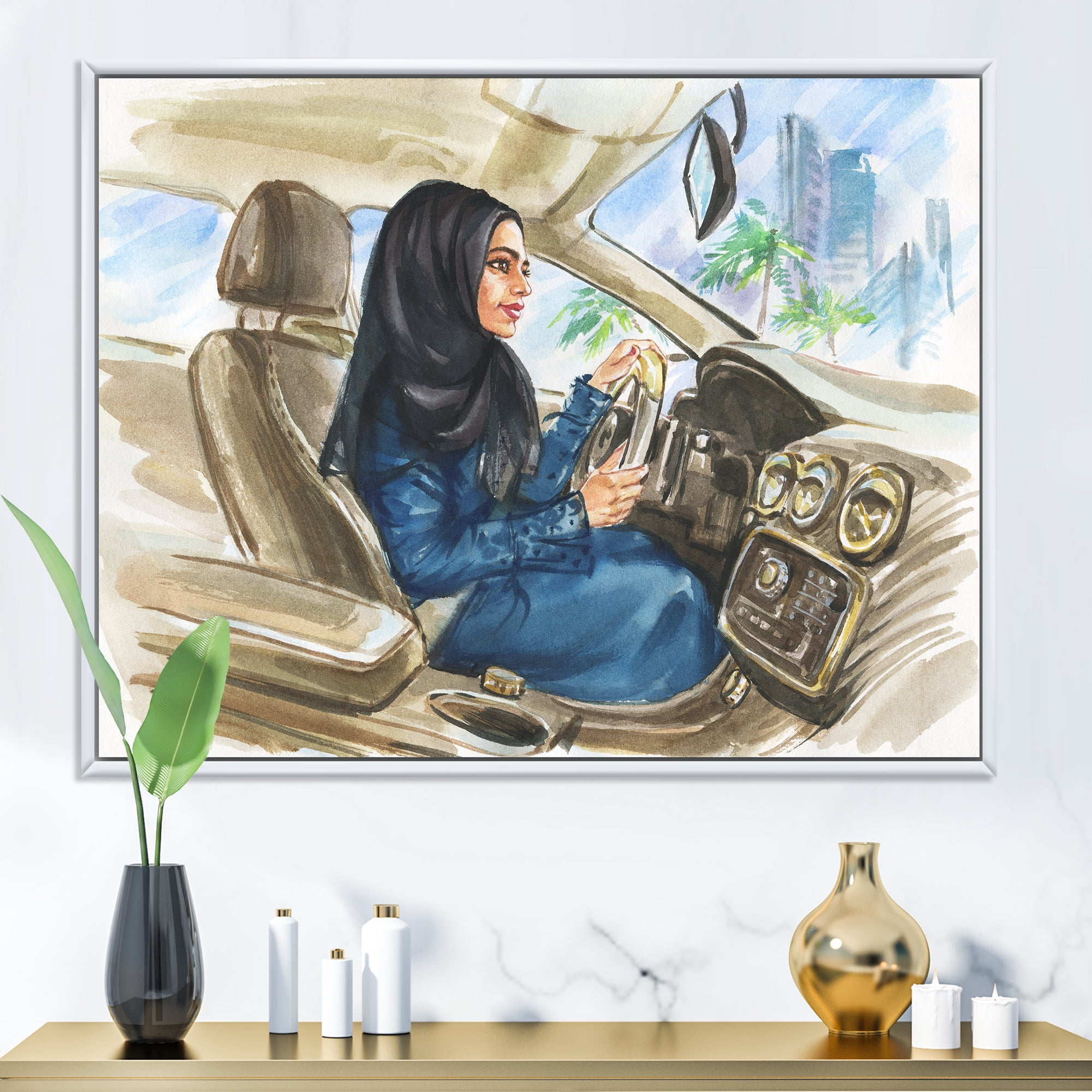 Designart 'Arabian Lady Driving A Car I' Modern Framed Canvas Wall Art Print