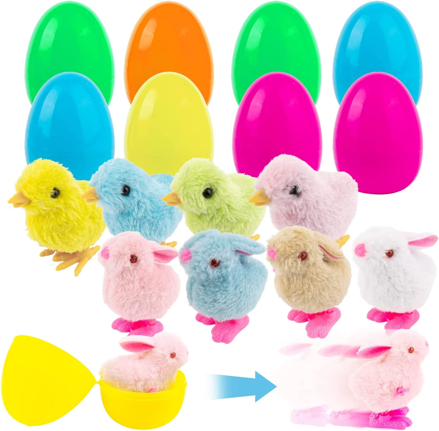 Shayson 8 PCS Plastic Easter Eggs Prefilled with 8 PCS Wind Up Bunnies
