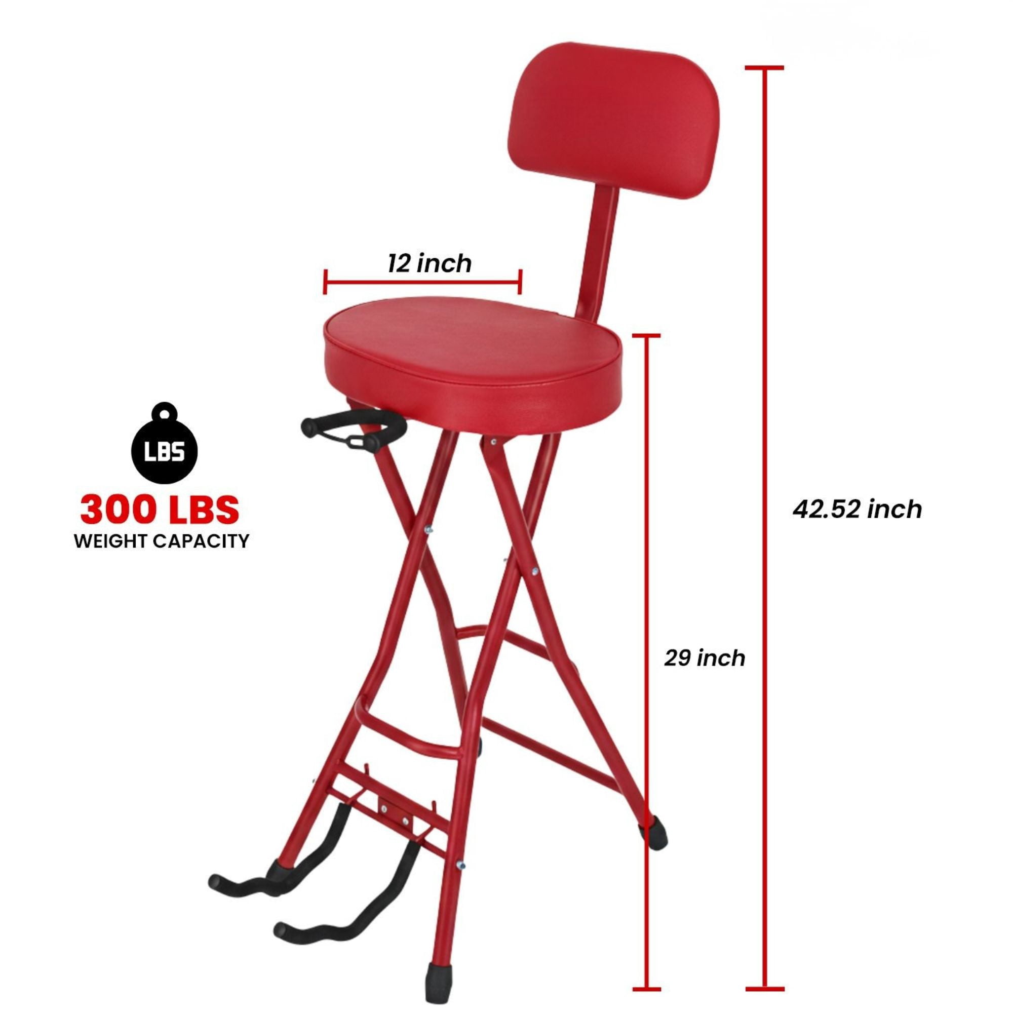 Padded Guitar Stool with Backrest, Built-in Stand & Footrest - Red