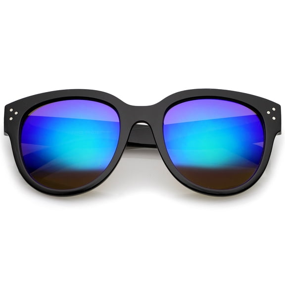 Women's Oversize Horn Rimmed Colored Mirror Lens Cat Eye Sunglasses 56mm (Black / Green-Blue Mirror)