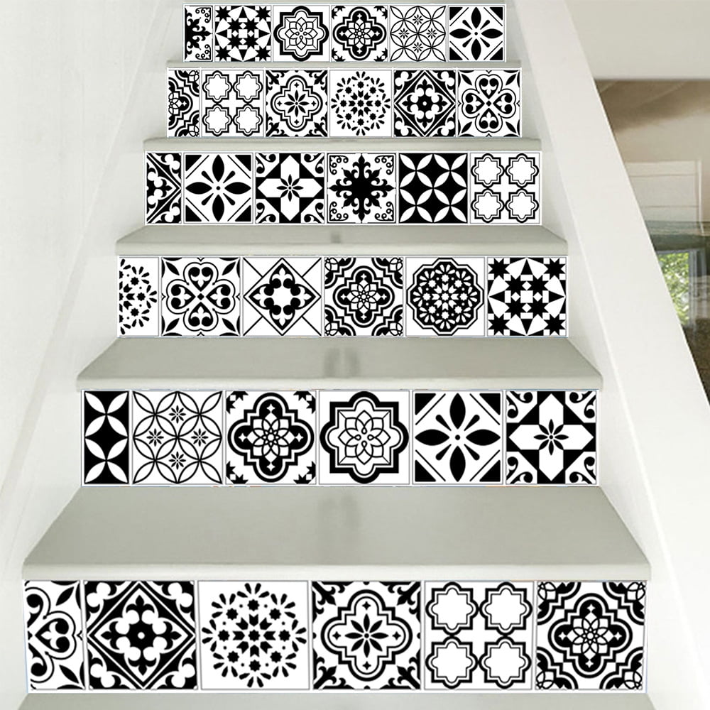 3D Stair Stickers - Removable Tile Decals for Stair Risers, Peel and Stick, 39.3Inch x 7.08Inch,Black and white mosaic pattern wall sticker