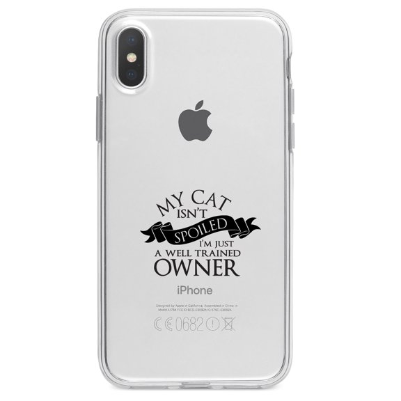 DistinctInk Clear Shockproof Hybrid Case for iPhone XR (6.1" Screen) - TPU Bumper Acrylic Back Tempered Glass Screen Protector - Cat Isn't Spoiled Well Trained Owner
