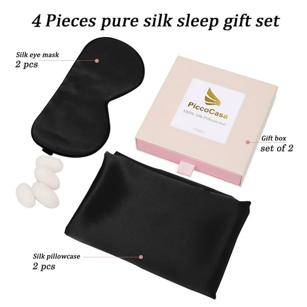 Satin Pillowcase Set Of 2 With Eye Mask & Scrunchie - Queen Size 20x30 Inch, Black, For Hair & Skin