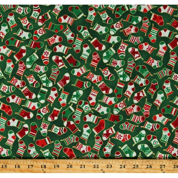 Cotton Christmas Stockings on Green Winter Holiday Charms Cotton Fabric Print by the Yard (SRKM-21621-224EVERGREEN)