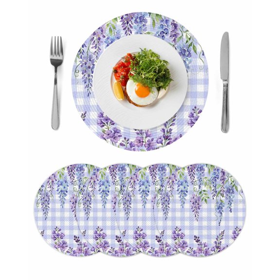 Purple Flowers Round 15 Inch Placemats Set of 4, Weeping Spring Floral Checkered Pastoral HeatResistant Non Slip Place Mats for Dining Table, Wipeable Braided Kitchen Table Mats for Housewarming
