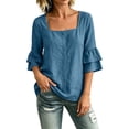 thumbnail image 5 of Tops for Women 3/4 Sleeve Square Neck Solid Color Casual Cotton Linen with Petal Sleeves Top, 5 of 8