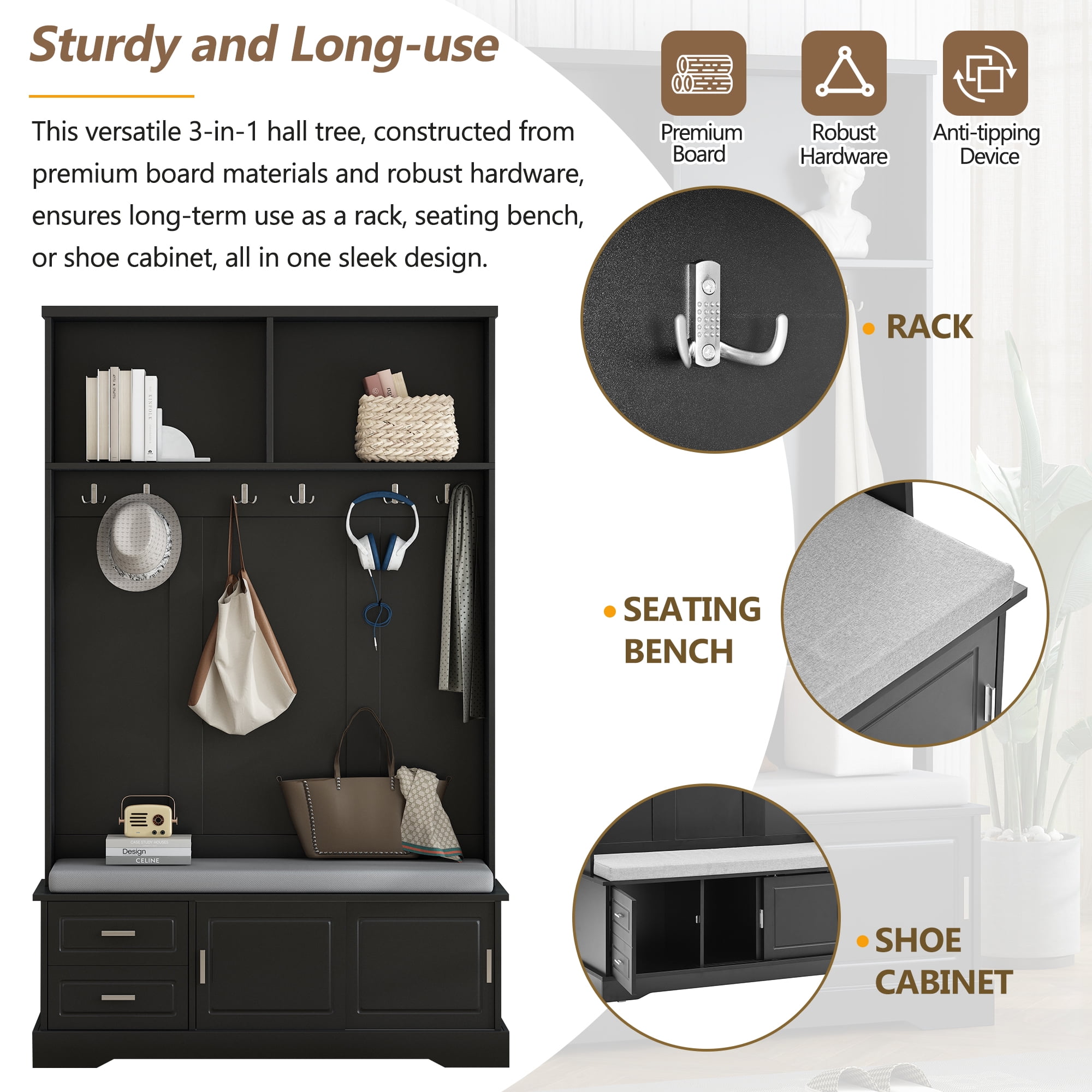 MAYEERTY Elegant Hall Tree:Sliding Doors, 6 Hooks & Handles, Mudroom Bench Cabinet with Shoe Storage, Black