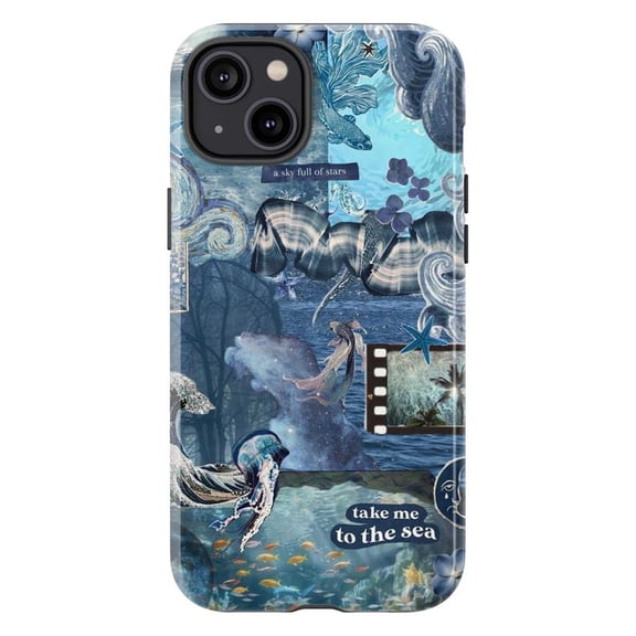 Blue Mermaid Ocean Collage Phone Case, Sea Life Water Art Cover with Quote for iPhone 17 16 15 14 13 12 11 Pro Plus Mini