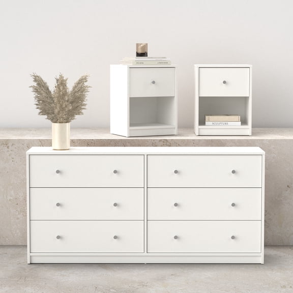 Tvilum Studio 3-Piece Bedroom Set - 6 Drawer Double Dresser And Nightstand Set Of 2, White