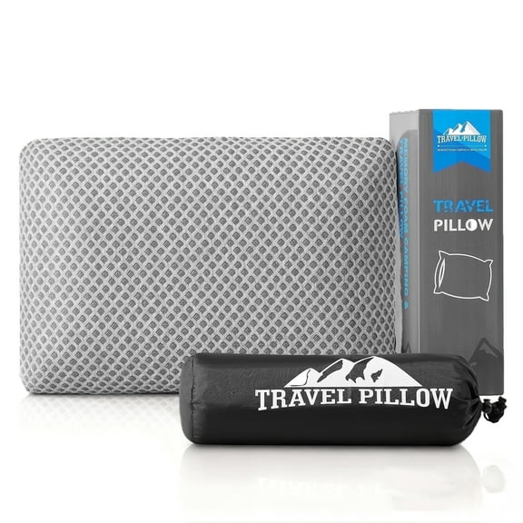 Travel Pillow Memory Foam Compressible  - Medium Firm, Breathable Cover, Light Grey (M) - Ideal for Camping, Backpacking, Hiking, Airplane, Car