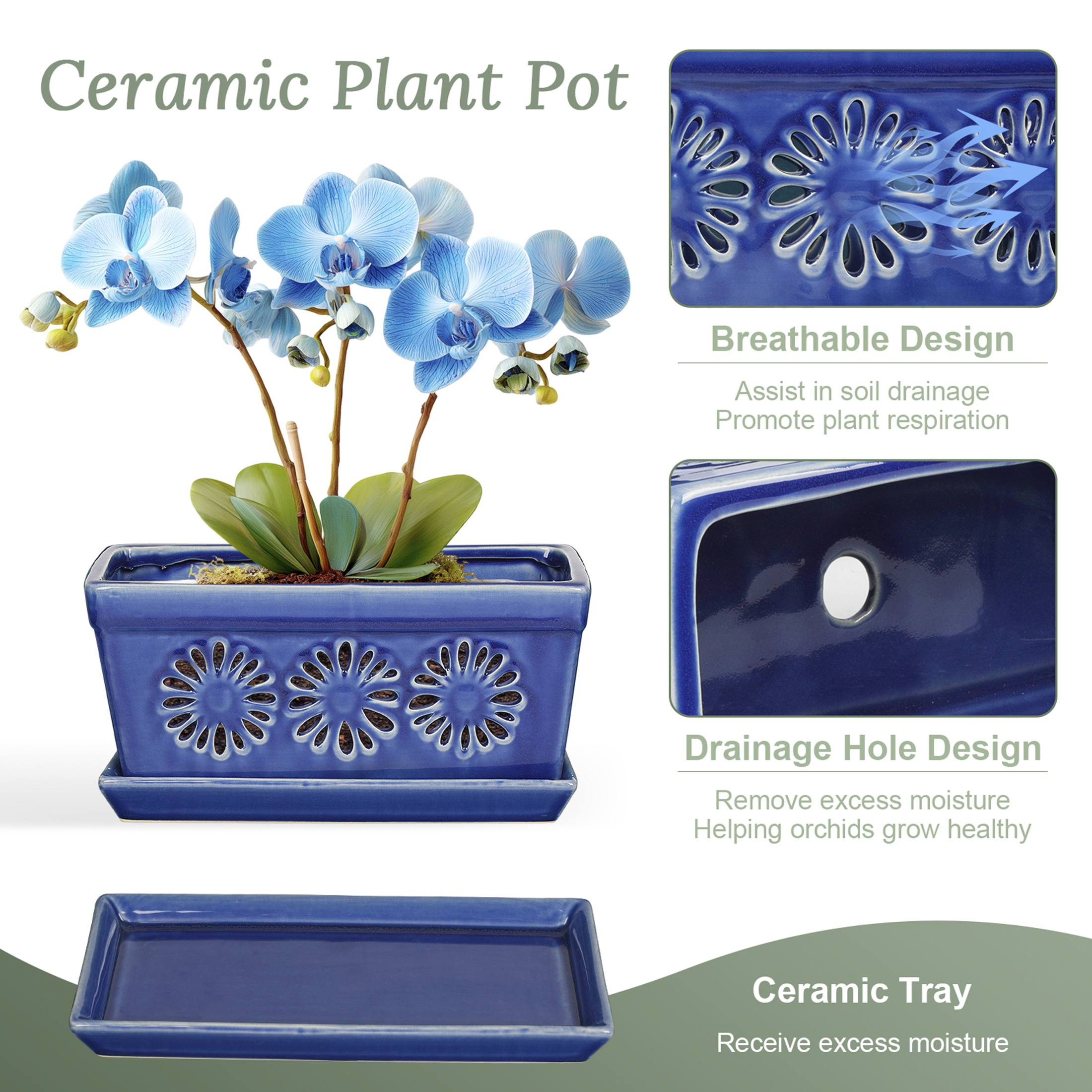 Ceramic orchid pot, 10 inch orchid pots with holes and saucers, Indoor Outdoor Decorative Flower Pots for repotting, glaze blue
