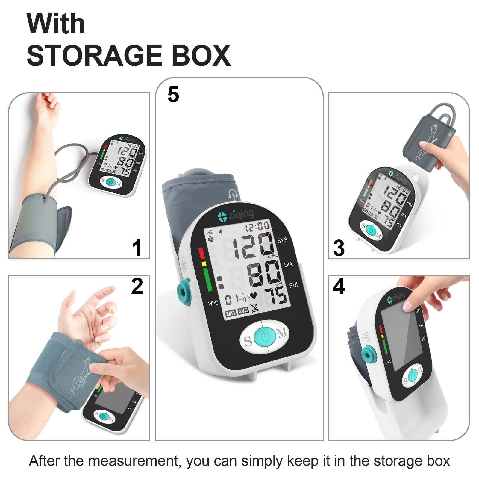 Ziqing Upper Arm Blood Pressure Monitor for Home Use – Large LCD Display, 2 User Memory (2 x 99 Readings), Adjustable Wrist Cuff