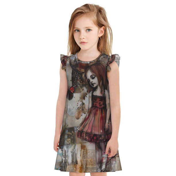 Balery Vintage Collage Girl Butterfly Camisón de princesa para niñas, pijama de algodón con mangas abullonadas, suave y bonito.-Small