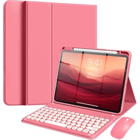 Magnetic Detachable Candy Round Keyboard Cover with Mouse & Apple Pencil Slot for iPad 11 Gen A16 2025 / iPad 10 Gen, Slim Folio Case, New Pink