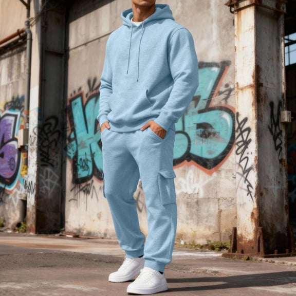 Sweatsuits For Men 2 Piece Outfit Pullover Hooded Top Cargo Pocket Jogger Pants Matching Tracksuit For Athletic Training Weekend Occasions
