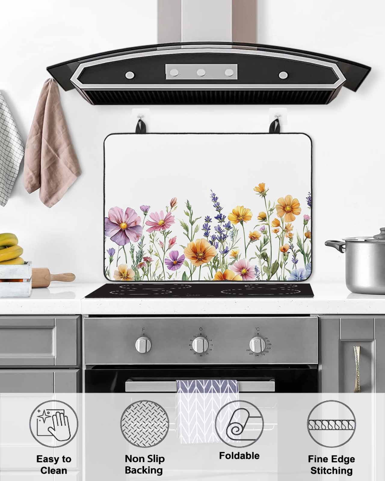 nqOlkjepod Large Induction Cooktop Protector Mat 31"x24", Spring Floral Stove Top Covers for Electric Stove, Yellow Purple Flowers Farmhouse Decorative Stove Burner Cover Mats, Glass Top Stove Cover
